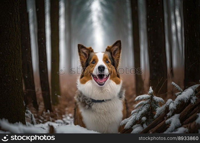 Cute dog enjoying of a snowed forest at sunset. Portrait of a happy pet outside. Generative AI 