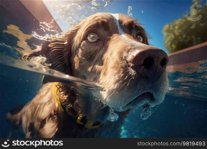 Cute dog in swimming pool. Illustration Generative AI