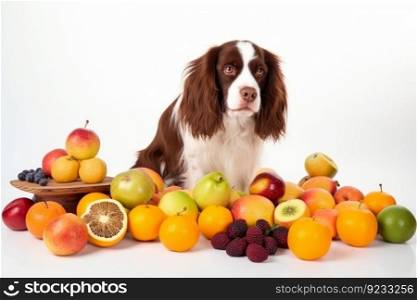 Cute dog near fruits. Cute funny pet. Generate Ai. Cute dog near fruits. Generate Ai