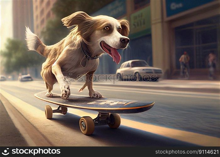 Cute dog playing skateboard on the road, Animal Sport riding on skateboard, Generative AI