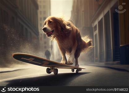 Cute dog playing skateboard on the road, Animal Sport riding on skateboard, Generative AI