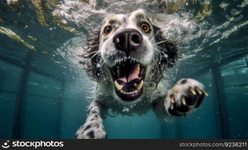 Cute dog underwater. Illustration Generative AI
