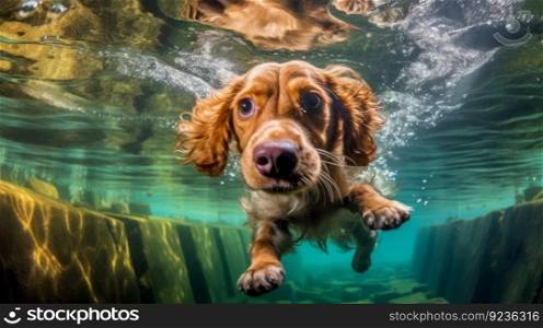 Cute dog underwater. Illustration Generative AI
