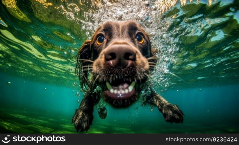 Cute dog underwater. Illustration Generative AI 