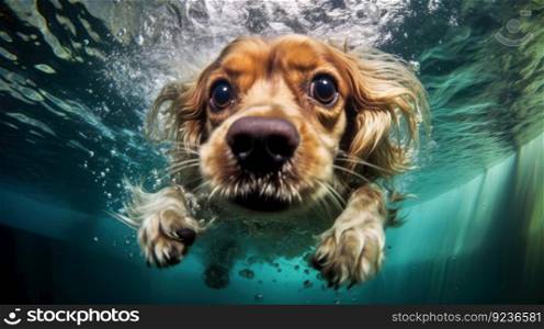 Cute dog underwater. Illustration Generative AI 