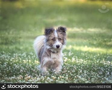 Cute dog walking in a meadow in green grass against the background of trees. Closeup, outdoor. Day light. Concept of care, education, obedience training and raising pets. Cute dog walking in a meadow in green grass