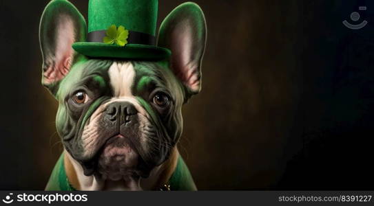 Cute Dog with Green St. Patrick&rsquo;s Day Hat on a blurred colored background. Generative AI