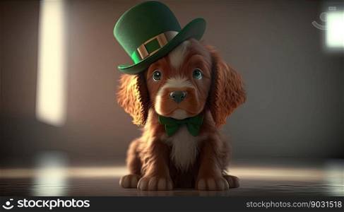 Cute Dog with Green St. Patrick&rsquo;s Day Hat on blurred background. Generative AI 