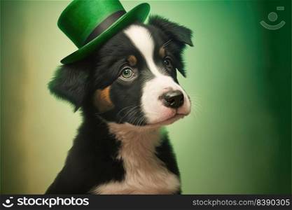 Cute Dog with Green St. Patrick’s Day Hat on a blurred colored background. Generative AI