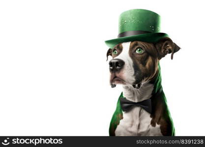 Cute Dog with Green St. Patrick’s Day Hat on a blurred colored background. Generative AI