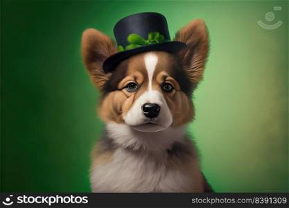 Cute Dog with Green St. Patrick’s Day Hat on a blurred colored background. Generative AI