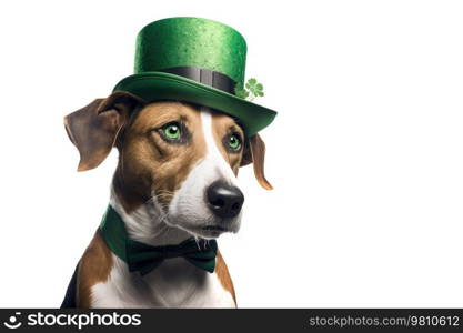 Cute Dog with Green St. Patrick’s Day Hat on a blurred colored background. Generative AI