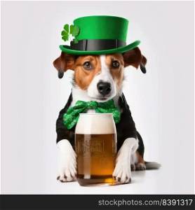 Cute Dog with Green St. Patrick’s Day Hat on a white background. Generative AI