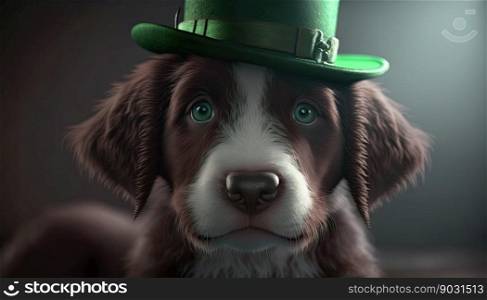 Cute Dog with Green St. Patrick’s Day Hat on blurred background. Generative AI 