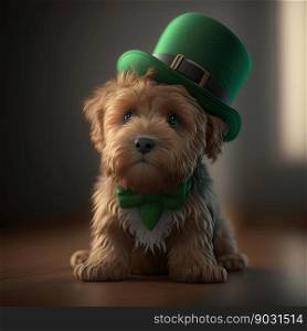Cute Dog with Green St. Patrick’s Day Hat on blurred background. Generative AI 