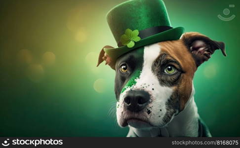 Cute Dog with Green St. Patrick’s Day Hat on blurred colored background. Generative AI 