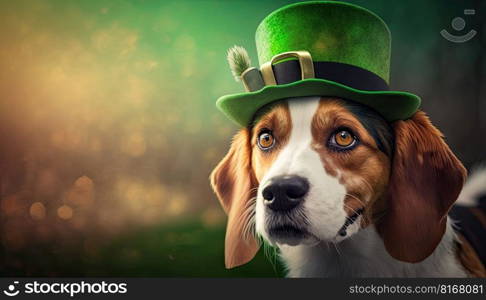 Cute Dog with Green St. Patrick’s Day Hat on blurred colored background. Generative AI 