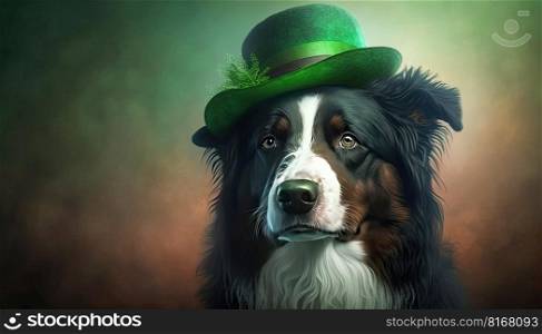 Cute Dog with Green St. Patrick’s Day Hat on blurred colored background. Generative AI 