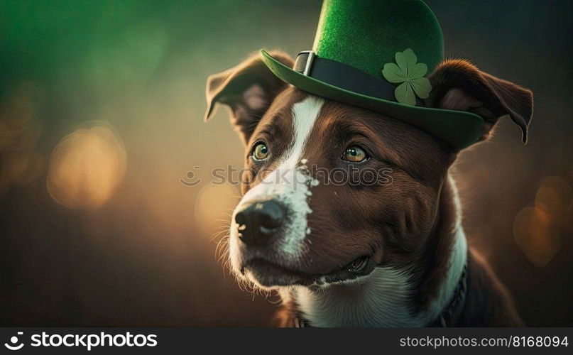 Cute Dog with Green St. Patrick’s Day Hat on blurred colored background. Generative AI 