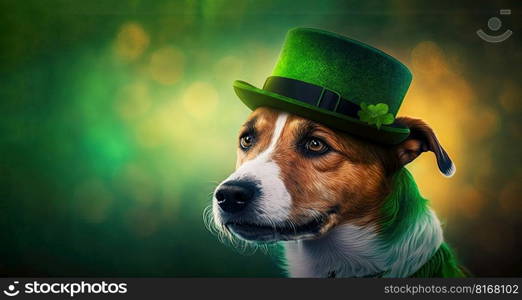 Cute Dog with Green St. Patrick’s Day Hat on blurred colored background. Generative AI 