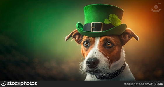 Cute Dog with Green St. Patrick’s Day Hat on blurred colored background. Generative AI 