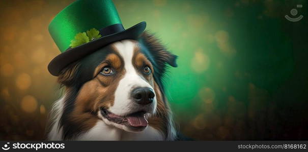 Cute Dog with Green St. Patrick’s Day Hat on blurred colored background. Generative AI 