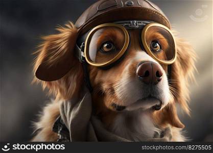 cute dog with pilot’s cap and goggles on, posed in front of plane, created with generative ai