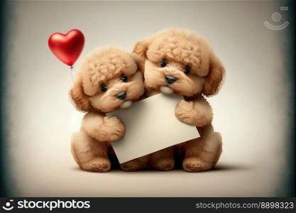 Cute doggies holding a blank postcard, selective focus. Valentine’s Day card. Generative AI