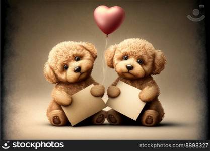 Cute doggies holding a blank postcard, selective focus. Valentine’s Day card. Generative AI