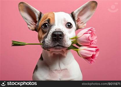 Cute doggy holding a bouquet of tulips on a pink background. Generative Ai 