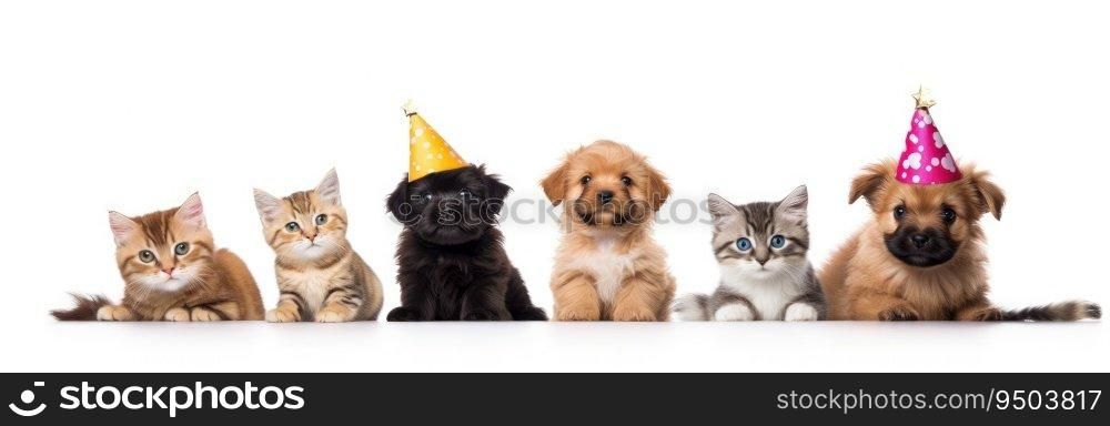 Cute dogs and cats on birthday banner