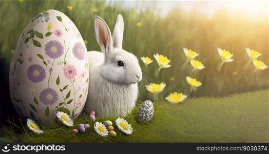 Cute Easter Bunny on Field of Flowers , Baby Rabbit and easter eggs, generative ai