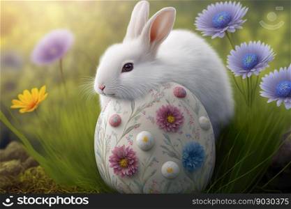 Cute Easter Bunny on Field of Flowers , Baby Rabbit and easter eggs, generative ai