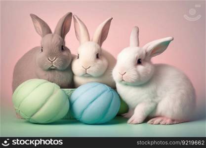 Cute Easter colorful bunnies are sitting in a row. Fluffy beautiful domestic animals. AI generated.. Cute Easter colorful bunnies are sitting in a row. AI generated.