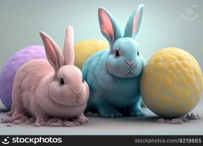 Cute Easter colorful bunnies are sitting in a row. Fluffy beautiful domestic animals. AI generated.. Cute Easter colorful bunnies are sitting in a row. AI generated.