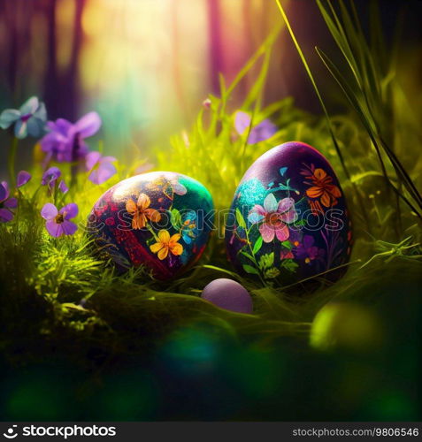 Cute Easter Eggs in Magic Forest. Illustration Generative AI 
