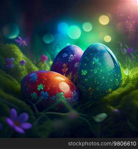 Cute Easter Eggs in Magic Forest. Illustration Generative AI 