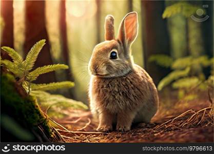 Cute Easter rabbit in spring forest. Cute Easter rabbit