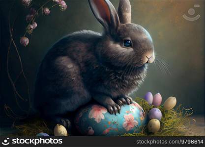 Cute Easter rabbit in spring forest. Cute Easter rabbit