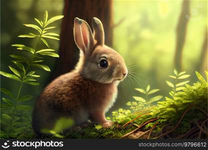 Cute Easter rabbit sitting in spring forest. Cute Easter rabbit