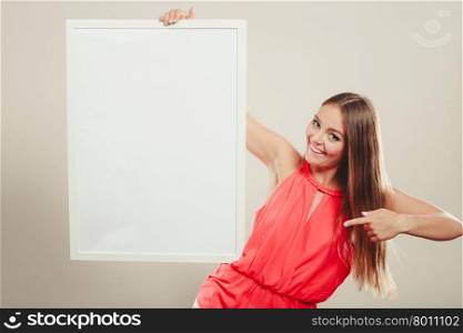 Cute fashion woman with blank empty white banner.. Cute woman girl with blank empty white copy space banner. Summer female fashion and advertisement.