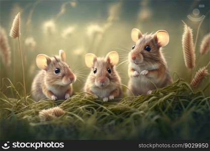 Cute field mice on grass background, AI Generative