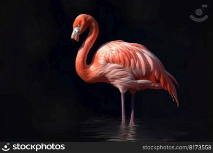Cute flamingo on black background. Exotic wild. Generate Ai. Cute flamingo on black background. Generate Ai