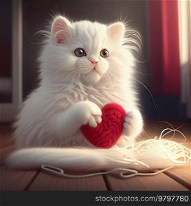 Cute Fluffy Cat with Knitted Heart. 