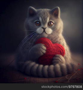 Cute Fluffy Cat with Knitted Heart. 