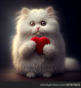 Cute Fluffy Cat with Knitted Heart. 