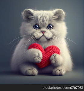 Cute Fluffy Cat with Knitted Heart. 