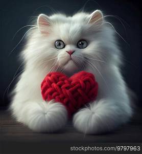 Cute Fluffy Cat with Knitted Heart. 