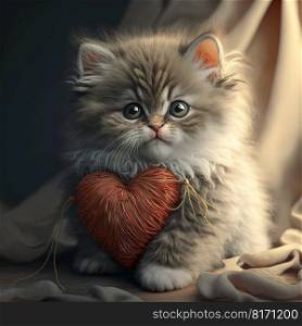 Cute fluffy kitten hugging red heart. Valentine’s Day greetings from romantic cat holding heart. Generative AI