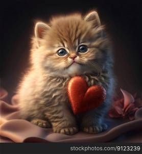 Cute fluffy kitten hugging red heart. Valentine’s Day greetings from romantic cat holding heart. Generative AI